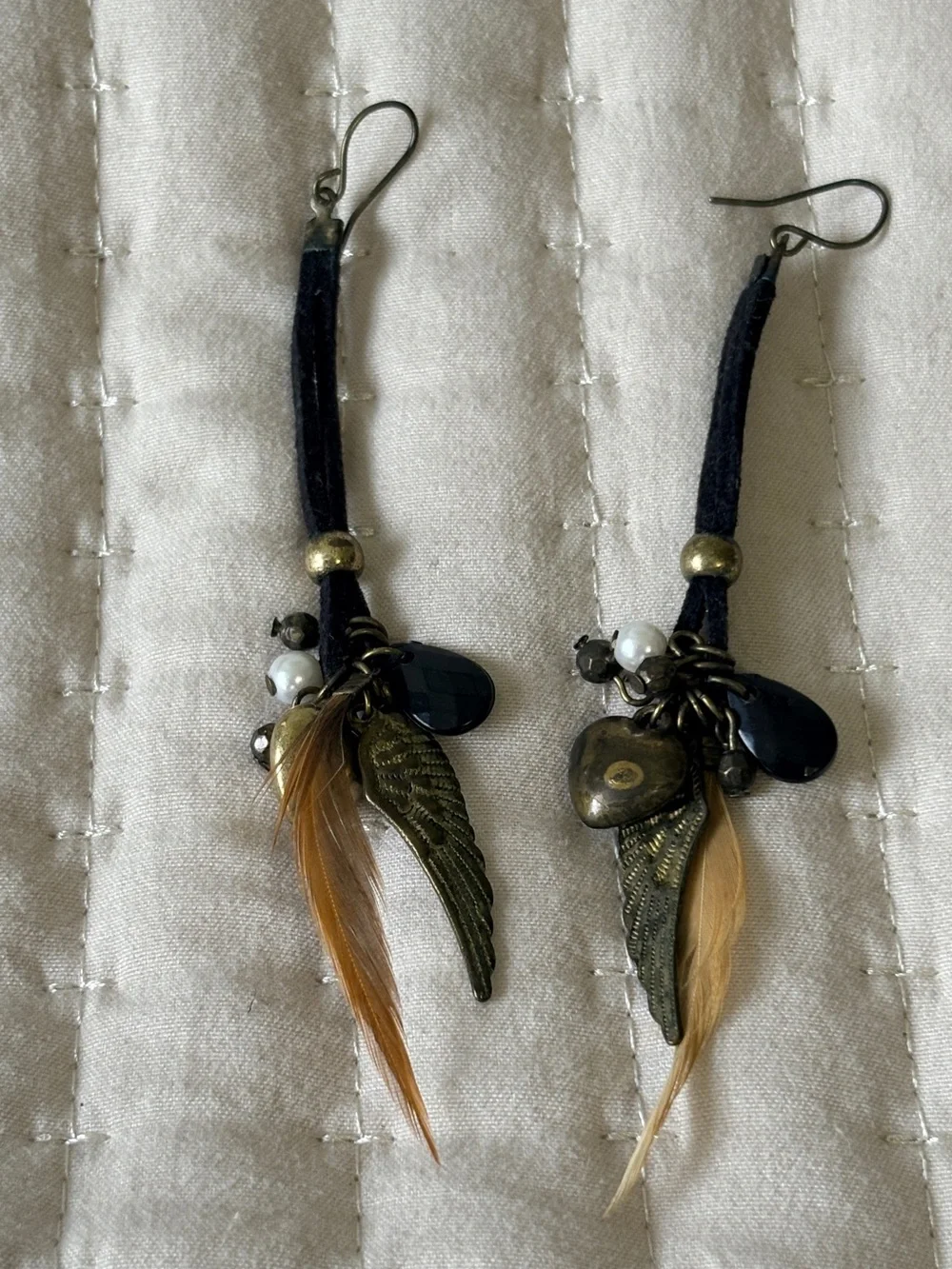 Vintage Black and Bronze Feathers Suede Drop Earrings - Handcrafted Boho Jewelry
